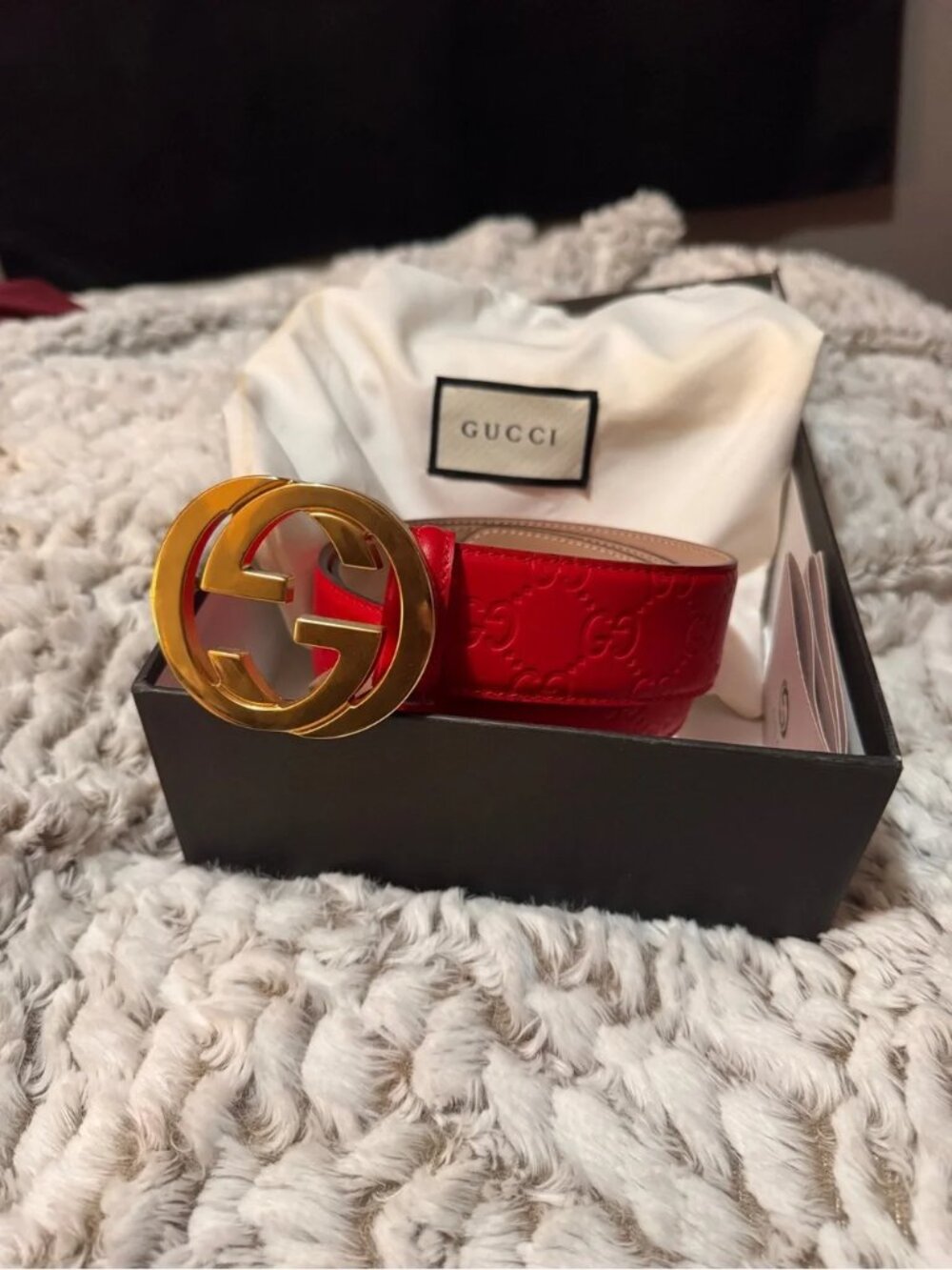Gucci Red Embossed GG Belt with Gold Double G Buckle *AUTHENTIC* Size 90/36